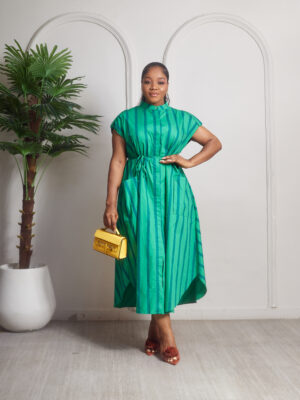 (2FOR60K) MATI6017 GREEN STRIPE BISHOP NECK SHIRT DRESS