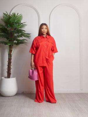 (2FOR55K) RED DOUBLE POCKET BOX SHIRT & PANT SUIT SET