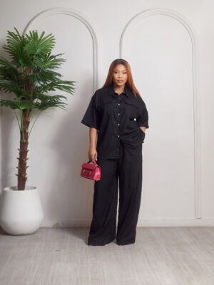 (2FOR55K) BLACK DOUBLE POCKET BOX SHIRT & PANT SUIT SET