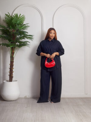 (2FOR70K) NAVY PONCHO BALALA LINEN DOUBLE POCKET SUIT SET