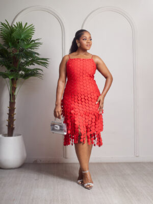 RED THIN STRAP GUIPURE CUTLETS FRINGE MIDI DRESS