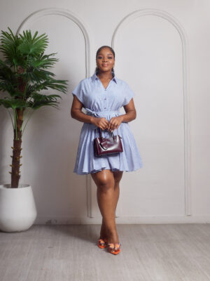 (2FOR65K) MATIL BLUE STRIPE CAPSLEEVE ONE POCKET SWING SHIRT DRESS