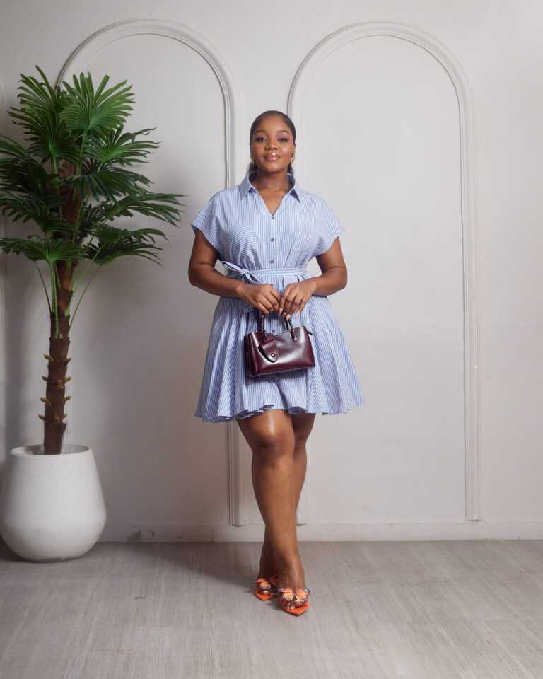 (2FOR65K) MATIL BLUE STRIPE CAPSLEEVE ONE POCKET SWING SHIRT DRESS