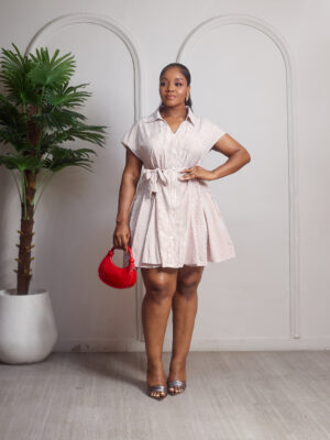 (2FOR65K) MATIL BROWN STRIPE CAPSLEEVE ONE POCKET SWING SHIRT DRESS