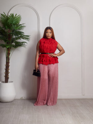 RED PINK CRINKLED MIYAKI TOP X SHIMMER PLEATED PANTS SUIT SET