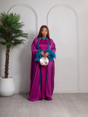 MAGENTA SILK KIMONO X SLIP 2 IN 1 FEATHER DETAIL 2PCS SET