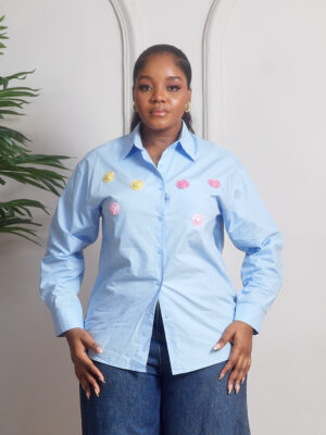 (2FOR70K) BLUE ONE POCKET SPARKLY HAT DETAIL SHIRT