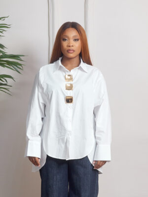 (2F0R60K) ROUBAI WHITE GOLD SQUARE OVERSIZED BUTTONS DEEP HEM SHIRT