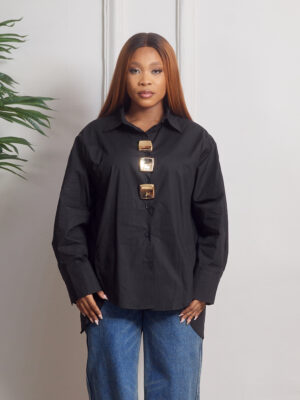 (2F0R60K) ROUBAI BLACK GOLD SQUARE OVERSIZED BUTTONS DEEP HEM SHIRT