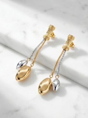 ABELLA K105639E-001 GOLD CYLINDRICAL TWO-TONE DANGLE EARRINGS