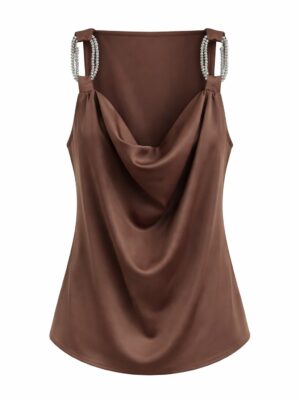 CHOCO GUN BEAD STRAP COWL NECK TOP