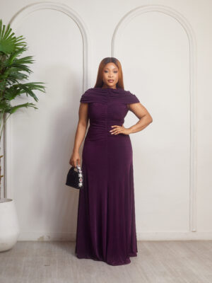PURPLE MID DRAPED JERSEY STRETCH MIDI DRESS