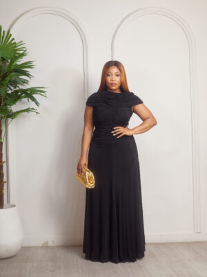 BLACK MID DRAPED JERSEY STRETCH MIDI DRESS