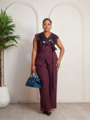 ZR AUBERGINE DIAMOND APPLIQUE INSERT PANT SUIT SET