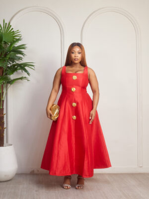 RED MIKADO DOLL OVERSIZED GOLD BUTTON DETAIL SKATER DRESS