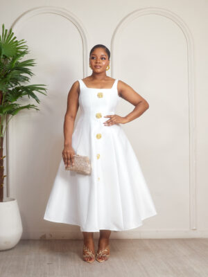 IVORY MIKADO DOLL OVERSIZED GOLD BUTTON DETAIL SKATER DRESS