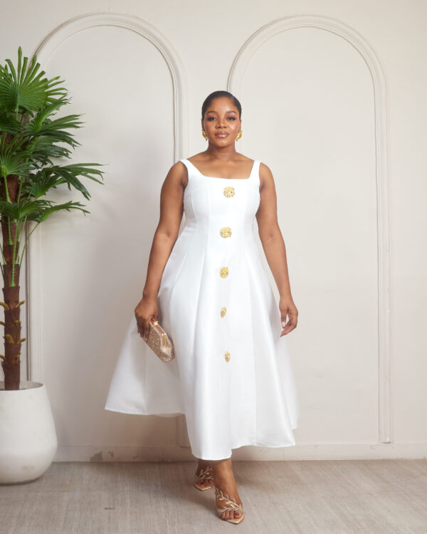 IVORY MIKADO DOLL OVERSIZED GOLD BUTTON DETAIL SKATER DRESS - Debrasgrace