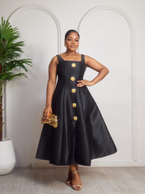 BLACK MIKADO DOLL OVERSIZED GOLD BUTTON DETAIL SKATER DRESS