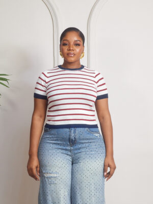 IVORY X RED NAUTICAL STRIPE CREW NECK KNIT TOP