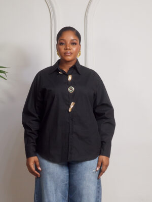 (2FOR70K)LIA BLACK GREEN MIXED BUTTON DETAIL SHIRT