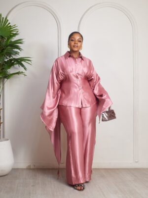 ZR PINK INNER TIE BATWING TOP WITH PANT SUIT SET