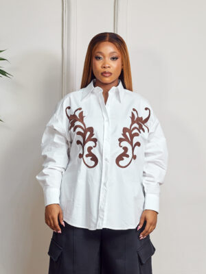 WHITE WITH BROWN EMBROIDERED PAISELY DETAIL SHIRT