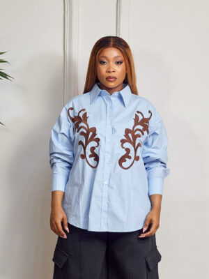 BLUE WITH BROWN EMBROIDERED PAISELY DETAIL SHIRT