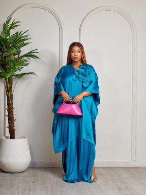 SASHES XHIDES PETROL SILK SPLIT CLUSTERED ROSE DETAIL CAFTAN
