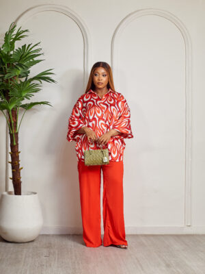 (2FOR60K)MAD ORANGE SCALLOPS PRINT WITH ORANGE PANT SUIT SET