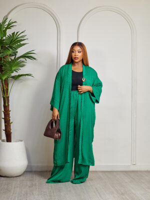 ELSIE GREEN CUBE PRINT SILK CHIFFON KIMONO & PANT SUIT SET