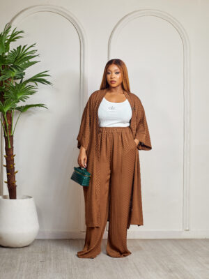 ELSIE CHOCO CUBE PRINT SILK CHIFFON KIMONO & PANT SUIT SET