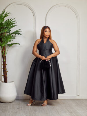 BLACK MIKADO HALTER NECK DOLL MIDI DRESS