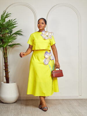 YELLOW APPLIQUE CROP TOP X SKATER SKIRT WITH SUIT SET