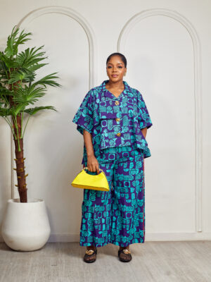 SASHES X HIDES ADIRE INDIGO AYO OLOPON PRINT GOLD BUTTON BATWING & RED JAWU CULOTTES SUIT SET