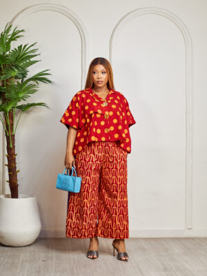 SASHES X HIDES ADIRE WINE X ORANGE POLKA PRINT GOLD BUTTON BATWING & PURPLE JAWU CULOTTES SUIT SET