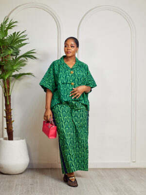SASHES X HIDES ADIRE GREEN ANCHOR PRINT GOLD BUTTON BATWING & NAVY JAWU CULOTTES SUIT SET