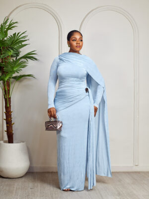 PALE BLUE MULTI DRAPED SIDE CLIP JERSEY STRETCH MAXI DRESS