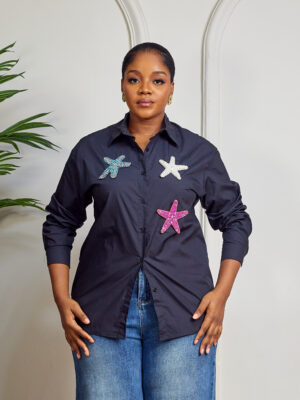 (2FOR70K)BLACK STAR FISH BADGE OVERSIZED SHIRT