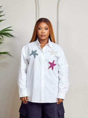 (2FOR70K)WHITE STAR FISH BADGE OVERSIZED SHIRT