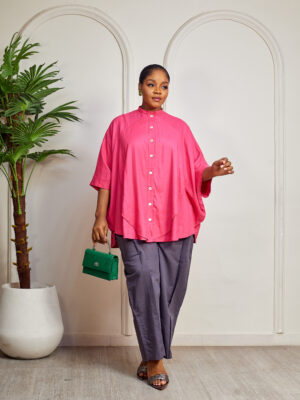 SASHES X HIDES PINK LINEN BISHOP NECK BATWING SHELL TOP