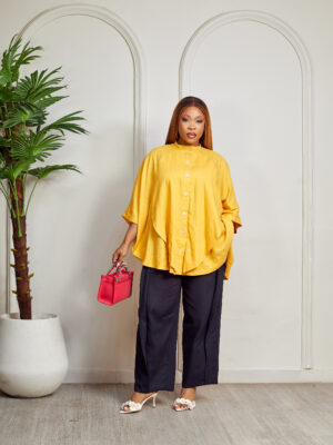 SASHES X HIDES MUSTARD LINEN BISHOP NECK BATWING SHELL TOP