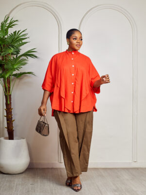 SASHES X HIDES RED LINEN BISHOP NECK BATWING SHELL TOP