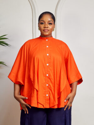 SASHES X HIDES ORANGE LINEN BISHOP NECK BATWING SHELL TOP