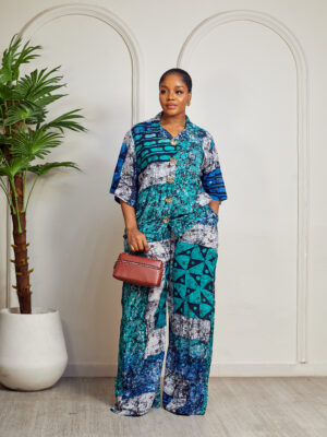 SASHES X HIDES ADIRE BATIK CHIFFON GOLD BUTTON BOX SUIT SET