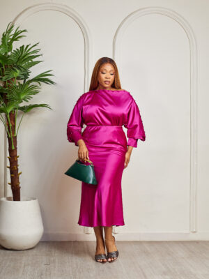 (2FOR55K)MAGENTA SILK MULTI BUTTON OPEN SHOULDER SKIRT SUIT SET