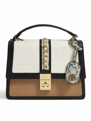 EMILY LORAN 11053 IVORY CROCO/BLACK/COLORBLOCK CHAIN DETAIL TOP HANDLE TOTE