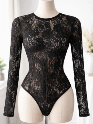 BLACK TEXTURED WOOLY CHANTILLY BODYSUIT