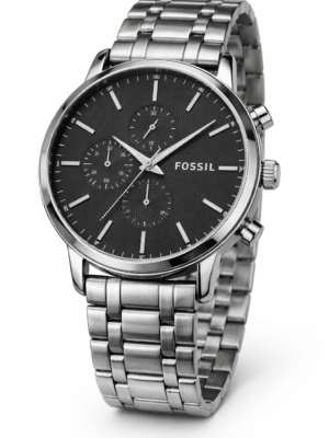 FOSSIL BQ2381E MENS SILVER ROUND BLACK FACE CHAIN WATCH