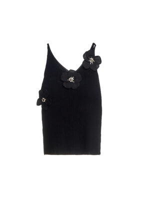 BLACK THIN STRAP RIB BONE BLACK ROSE INSERT TOP