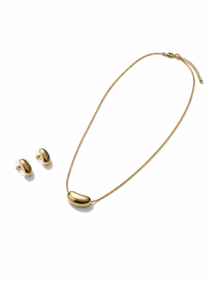 VIENNOIS T801650A GOLD BEAN DETAIL CHAIN & EARINGS SET